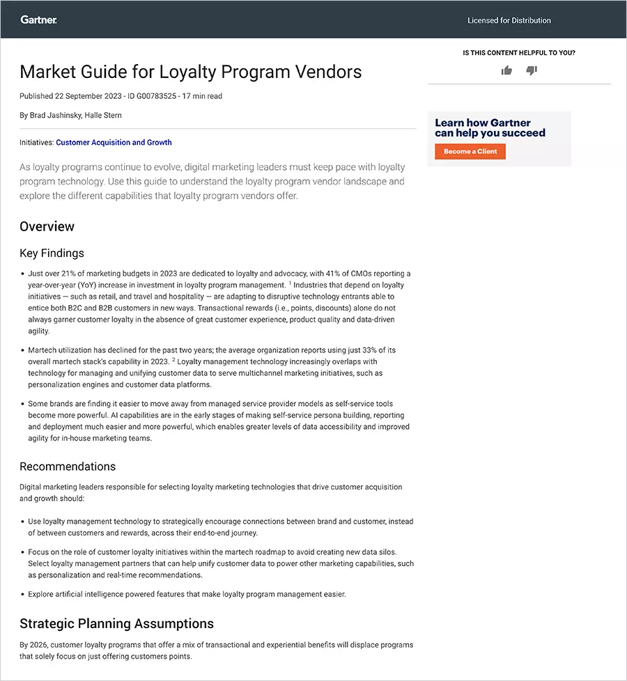 September 2023 Gartner® Market Guide for Loyalty Program Vendors